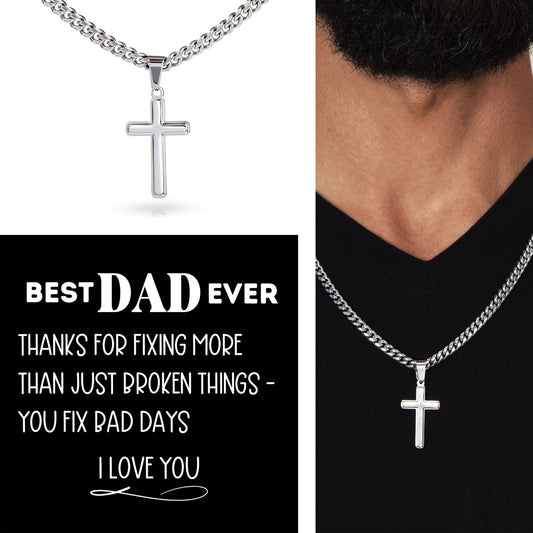 Men's Cuban Link Chain With Artisan Cross for Father's Day Gift
